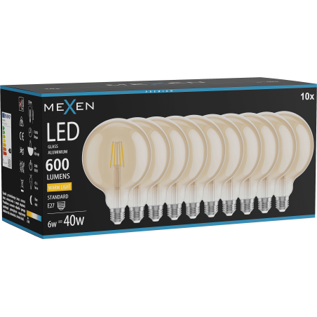 Mexen Vintis 10x LED филaментна крушка E27, G125, 6W, Топла - 2700K, 600 lm, кехлибар