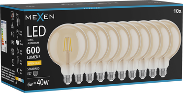 Mexen Vintis 10x LED филaментна крушка E27, G125, 6W, Топла - 2700K, 600 lm, кехлибар