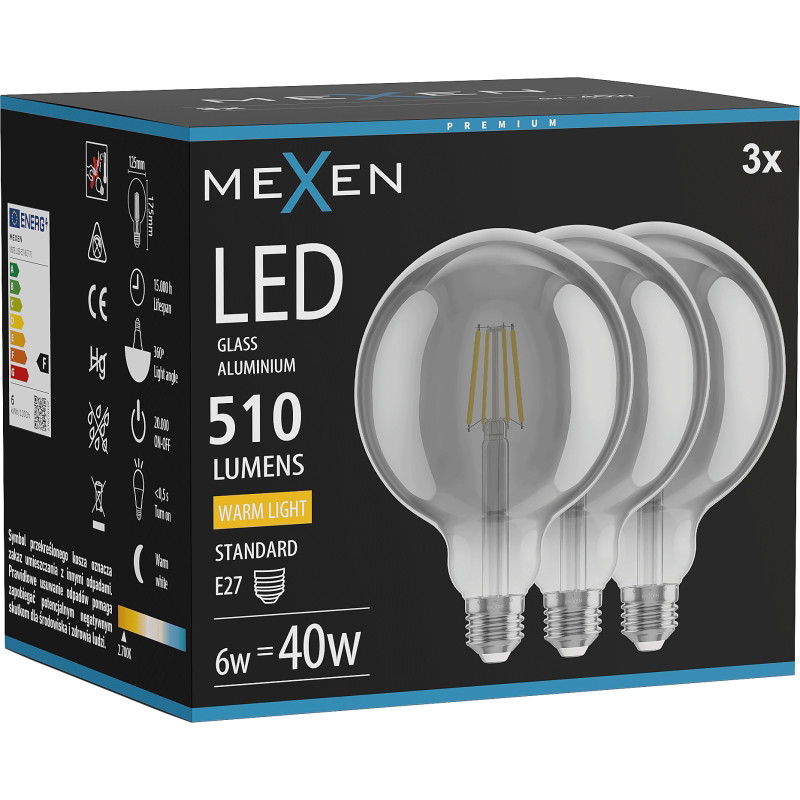 Mexen Vintis 3x LED филаментна крушка E27, G125, 6W, Топла - 2700K, 510 lm, опушена