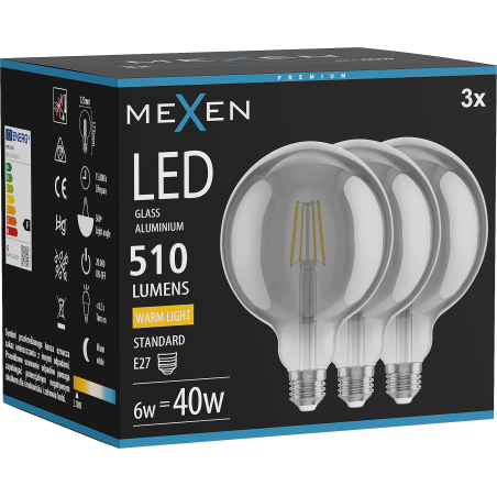 Mexen Vintis 3x LED филаментна крушка E27, G125, 6W, Топла - 2700K, 510 lm, опушена