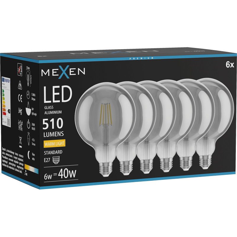 Mexen Vintis 6x LED влакнеста крушка E27, G125, 6W, Топла - 2700K, 510 lm, пушек - L158-E27-0627-70x06