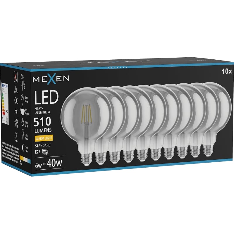 Mexen Vintis 10x LED нажежаема лампа с нажежаема нишка E27, G125, 6W, Топла - 2700K, 510 lm,