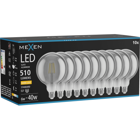 Mexen Vintis 10x LED нажежаема лампа с нажежаема нишка E27, G125, 6W, Топла - 2700K, 510 lm,