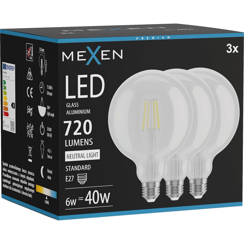 Mexen Vintis 3x LED крушка с нажежаема жичка E27, G125, 6W, Неутрална - 4000K, 720 lm,