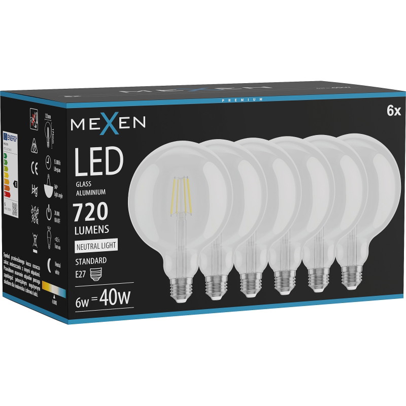 Mexen Vintis 6x LED филамент крушка E27, G125, 6W, неутрална - 4000K, 720 lm, прозрачно