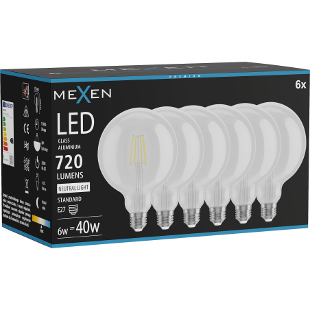 Mexen Vintis 6x LED филамент крушка E27, G125, 6W, неутрална - 4000K, 720 lm, прозрачно