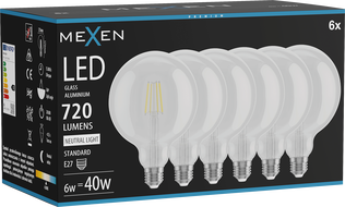 Mexen Vintis 6x LED филамент крушка E27, G125, 6W, неутрална - 4000K, 720 lm, прозрачно