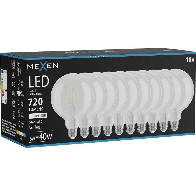 Mexen Vintis 10x LED филамент крушка E27, G125, 6W, неутрална - 4000K, 720 lm, прозрачна