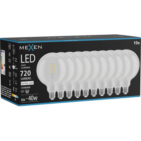 Mexen Vintis 10x LED филамент крушка E27, G125, 6W, неутрална - 4000K, 720 lm, прозрачна