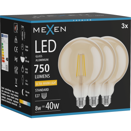Mexen Vintis 3x LED нажежаема крушка E27, G125, 8W, Топла - 2200K, 750 lm, кехлибар