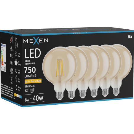 Mexen Vintis 6x LED филаментна крушка E27, G125, 8W, Топла - 2200K, 750 lm, кехлибар