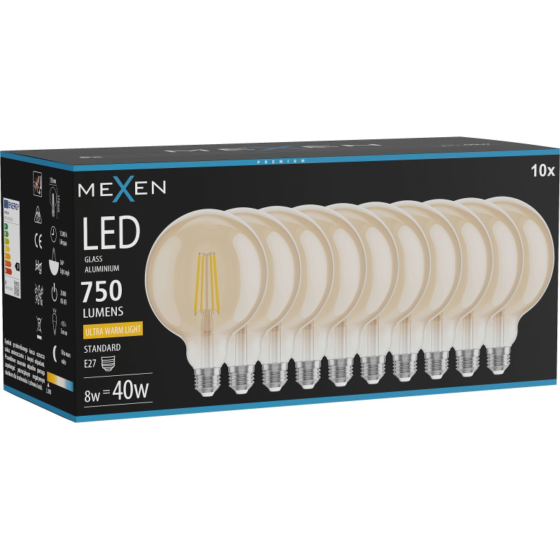 Mexen Vintis 10x LED нишка крушка E27, G125, 8W, Топла - 2200K, 750 lm, кехлибар - L158-E27-0822-50x10