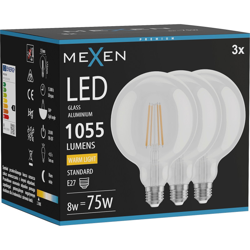 Mexen Vintis 3x LED нажежаема жичка крушка E27, G125, 8W, Топло - 2700K, 1055 lm, прозрачно
