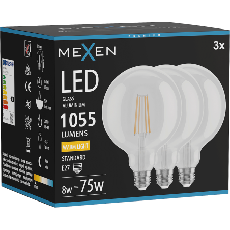 Mexen Vintis 3x LED нажежаема жичка крушка E27, G125, 8W, Топло - 2700K, 1055 lm, прозрачно