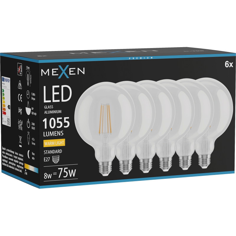 Mexen Vintis 6x LED филаментна крушка E27, G125, 8W, Топла - 2700K, 1055 lm, прозрачна