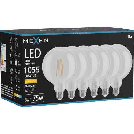 Mexen Vintis 6x LED филаментна крушка E27, G125, 8W, Топла - 2700K, 1055 lm, прозрачна