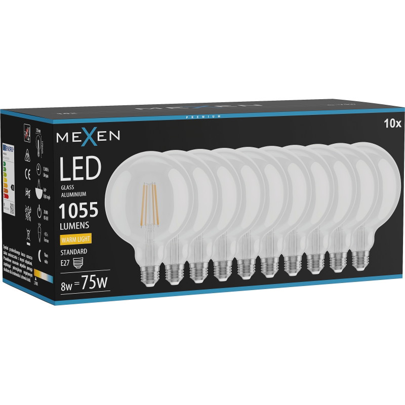 Mexen Vintis 10x LED филамент крушка E27, G125, 8W, Топла - 2700K, 1055 lm, прозрачна