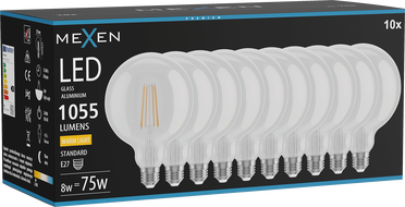 Mexen Vintis 10x LED филамент крушка E27, G125, 8W, Топла - 2700K, 1055 lm, прозрачна