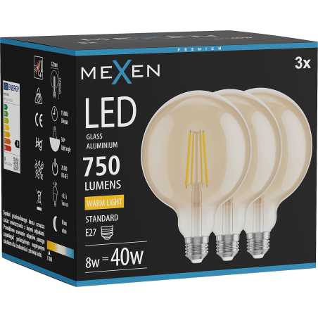 Mexen Vintis 3x LED филамент крушка E27, G125, 8W, Топла - 2700K, 750 lm, кехлибар