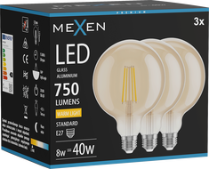 Mexen Vintis 3x LED филамент крушка E27, G125, 8W, Топла - 2700K, 750 lm, кехлибар