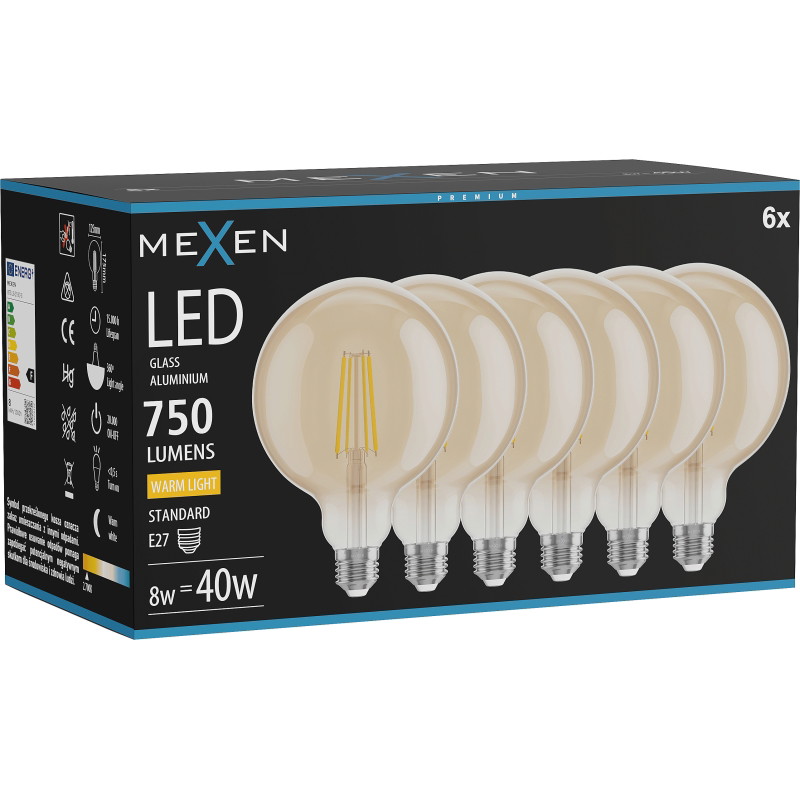 Mexen Vintis 6x Филамент LED крушка E27, G125, 8W, Топла - 2700K, 750 lm, кехлибар