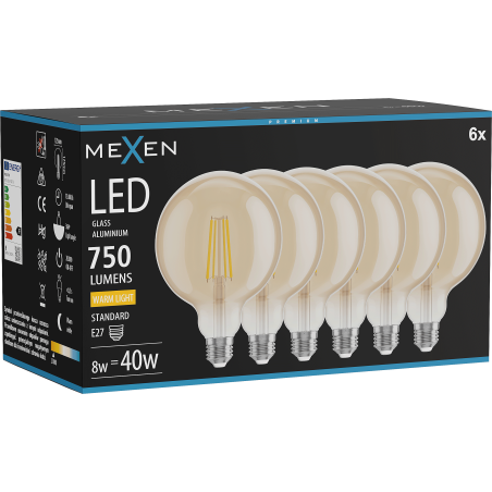 Mexen Vintis 6x Филамент LED крушка E27, G125, 8W, Топла - 2700K, 750 lm, кехлибар