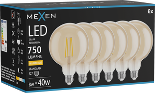 Mexen Vintis 6x Филамент LED крушка E27, G125, 8W, Топла - 2700K, 750 lm, кехлибар