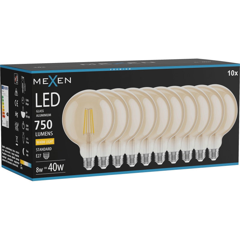 Mexen Vintis 10x LED филтърна крушка E27, G125, 8W, Топла - 2700K, 750 lm, кехлибар