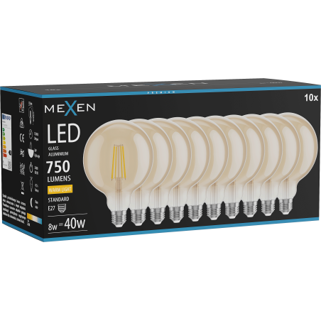 Mexen Vintis 10x LED филтърна крушка E27, G125, 8W, Топла - 2700K, 750 lm, кехлибар