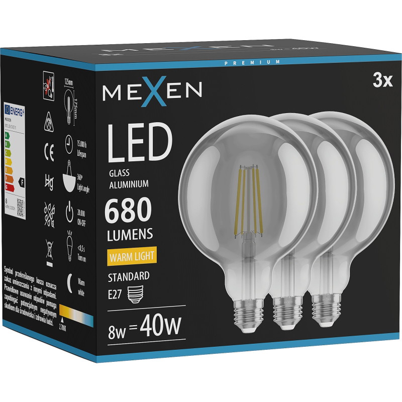 Mexen Vintis 3x LED нажежаема жичка крушка E27, G125, 8W, Топла - 2700K, 680 lm, опушен
