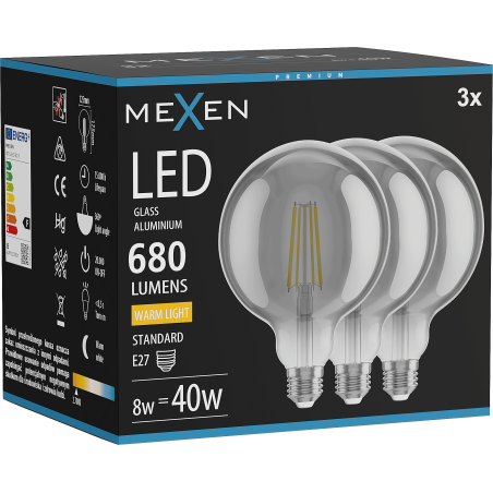 Mexen Vintis 3x LED нажежаема жичка крушка E27, G125, 8W, Топла - 2700K, 680 lm, опушен