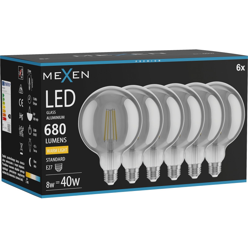 Mexen Vintis 6x LED нажежаема жичка крушка E27, G125, 8W, Топла - 2700K, 680 lm, опушено
