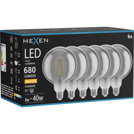 Mexen Vintis 6x LED нажежаема жичка крушка E27, G125, 8W, Топла - 2700K, 680 lm, опушено