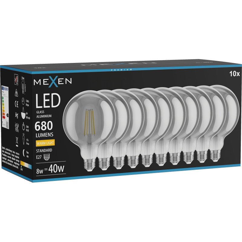 Mexen Vintis 10x LED нажежаема крушка E27, G125, 8W, Топла - 2700K, 680 lm, опушен