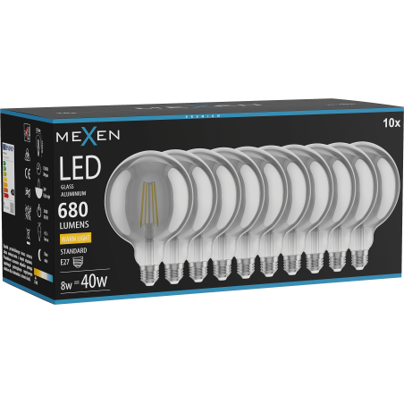 Mexen Vintis 10x LED нажежаема крушка E27, G125, 8W, Топла - 2700K, 680 lm, опушен