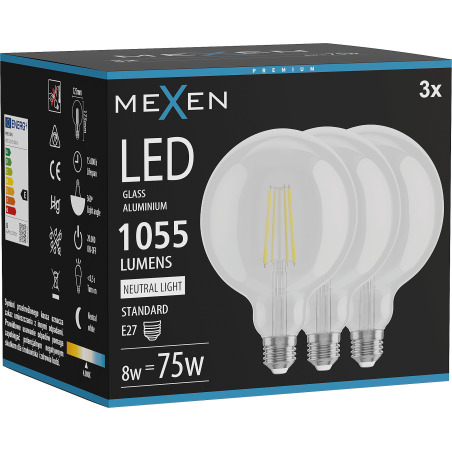 Mexen Vintis 3x LED филаментна крушка E27, G125, 8W, Неутрална - 4000K, 1055 lm, прозрачна