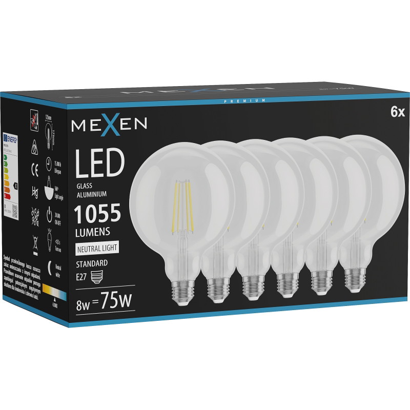 Mexen Vintis 6x LED филаментна крушка E27, G125, 8W, Неутрална - 4000K, 1055 lm, прозрачна