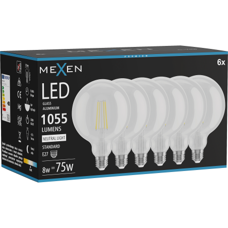 Mexen Vintis 6x LED филаментна крушка E27, G125, 8W, Неутрална - 4000K, 1055 lm, прозрачна