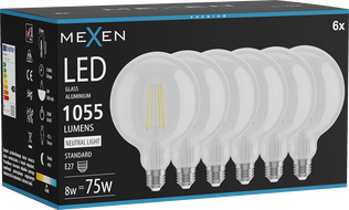 Mexen Vintis 6x LED филаментна крушка E27, G125, 8W, Неутрална - 4000K, 1055 lm, прозрачна