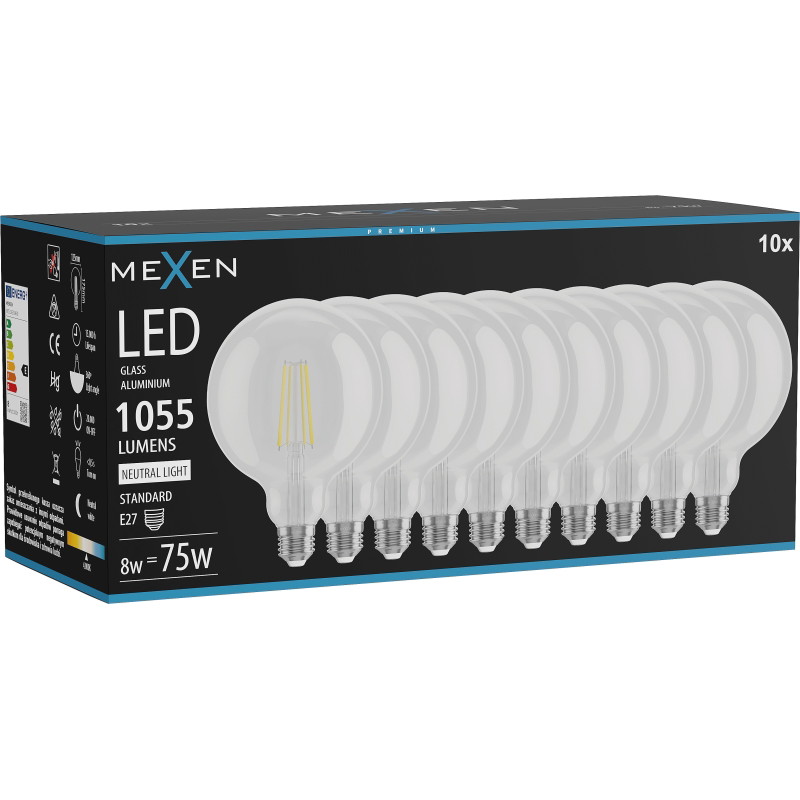 Mexen Vintis 10x LED нажежаема жичка крушка E27, G125, 8W, Неутрална - 4000K, 1055 lm,