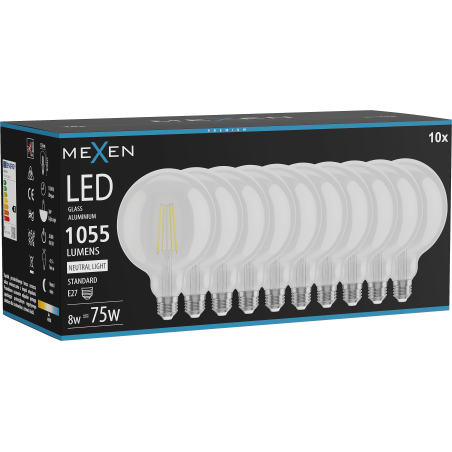 Mexen Vintis 10x LED нажежаема жичка крушка E27, G125, 8W, Неутрална - 4000K, 1055 lm,