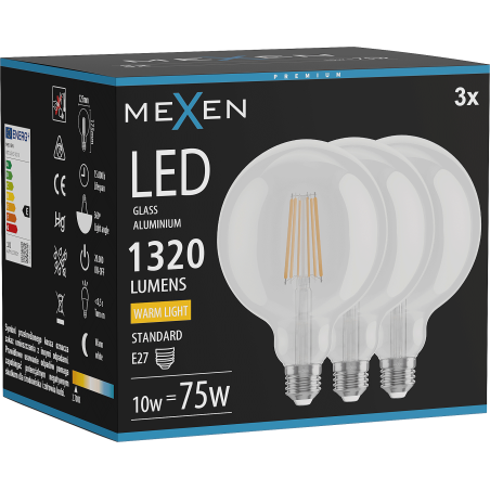 Mexen Vintis 3x LED жичкова крушка E27, G125, 10W, Топло - 2700K, 1320 lm, прозрачен