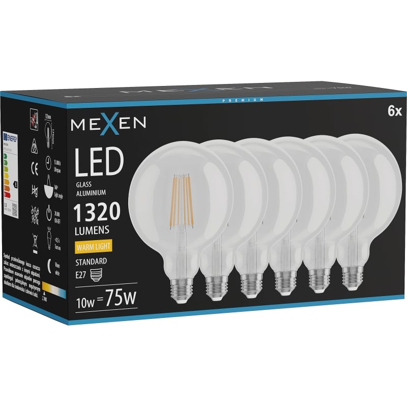 Mexen Vintis 6x LED филаментна крушка E27, G125, 10W, Топла - 2700K, 1320 lm, прозрачен