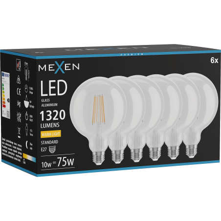 Mexen Vintis 6x LED филаментна крушка E27, G125, 10W, Топла - 2700K, 1320 lm, прозрачен