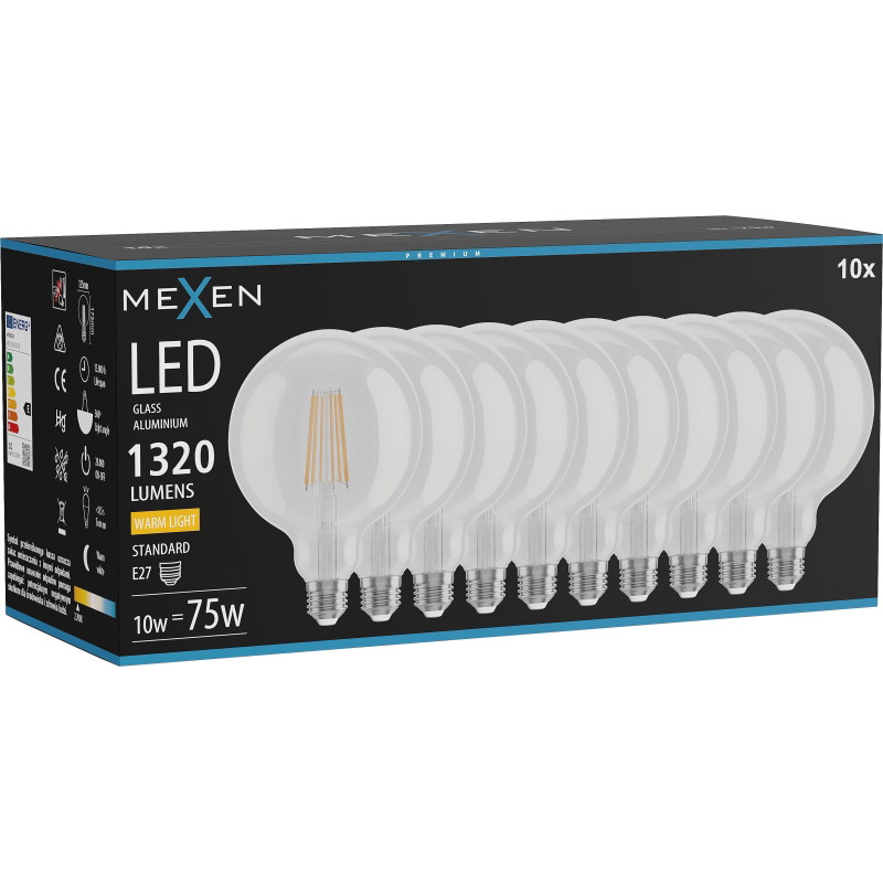 Mexen Vintis 10x LED нажежаема осветителна крушка E27, G125, 10W, Топла - 2700K, 1320 lm,