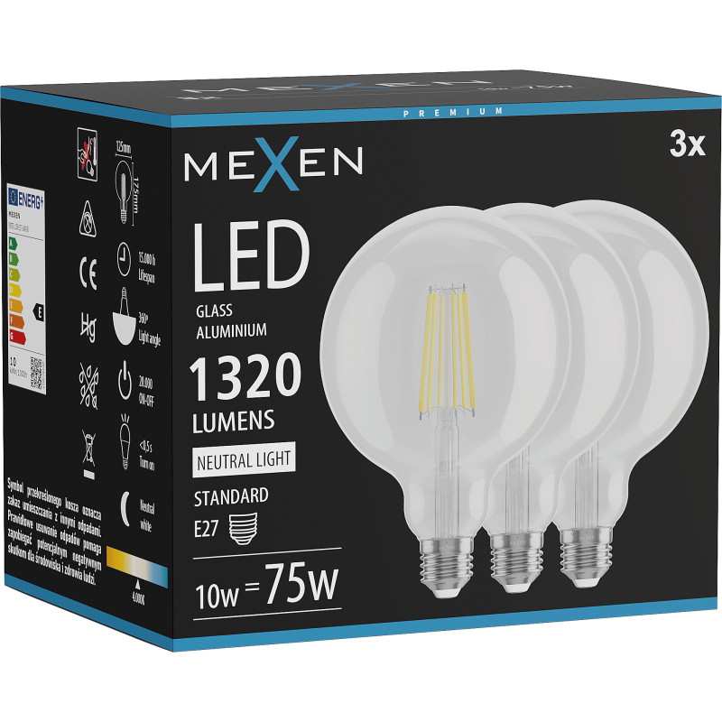 Mexen Vintis 3x LED филаментна крушка E27, G125, 10W, Неутрална - 4000K, 1320 lm, clear
