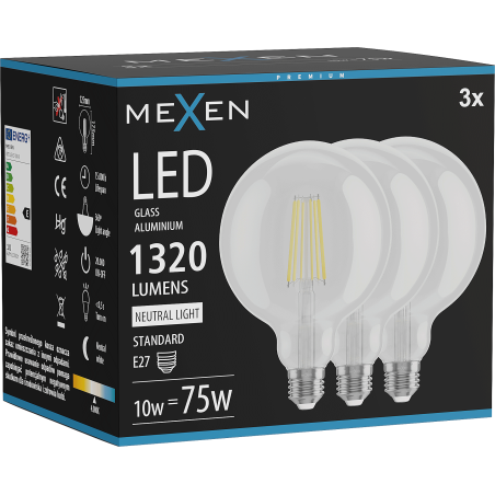 Mexen Vintis 3x LED филаментна крушка E27, G125, 10W, Неутрална - 4000K, 1320 lm, clear