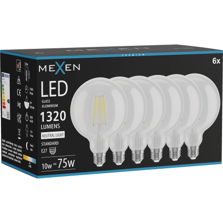 Mexen Vintis 6x LED филаменна крушка E27, G125, 10W, Неутрална - 4000K, 1320 lm, прозрачна