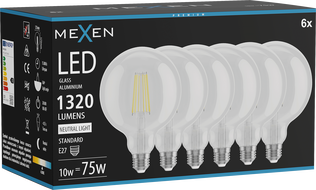 Mexen Vintis 6x LED филаменна крушка E27, G125, 10W, Неутрална - 4000K, 1320 lm, прозрачна