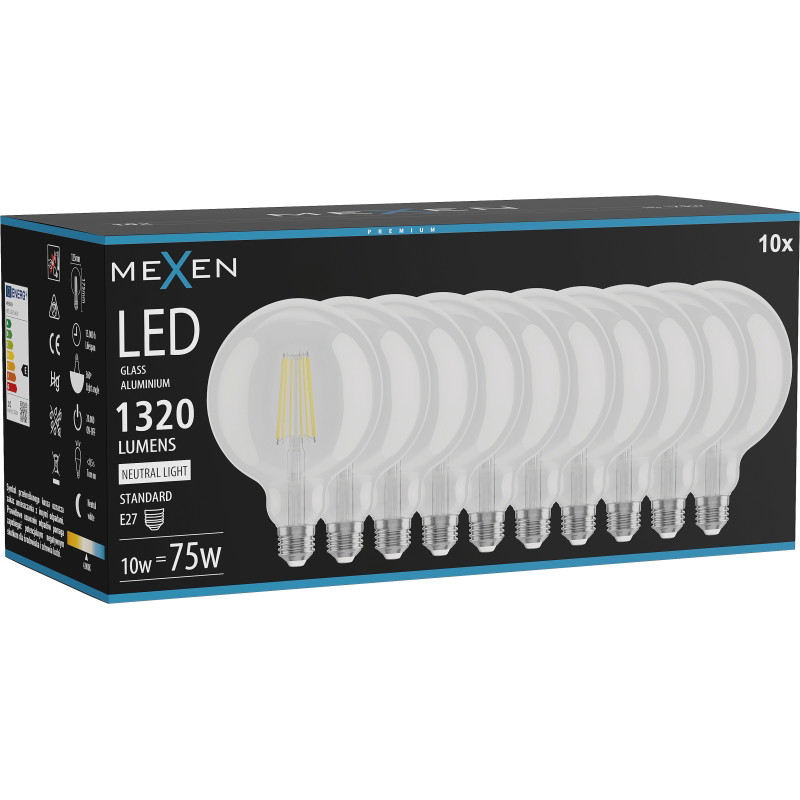 Mexen Vintis 10x LED крушка с нажежаема жичка E27, G125, 10W, Неутрална - 4000K, 1320 lm,